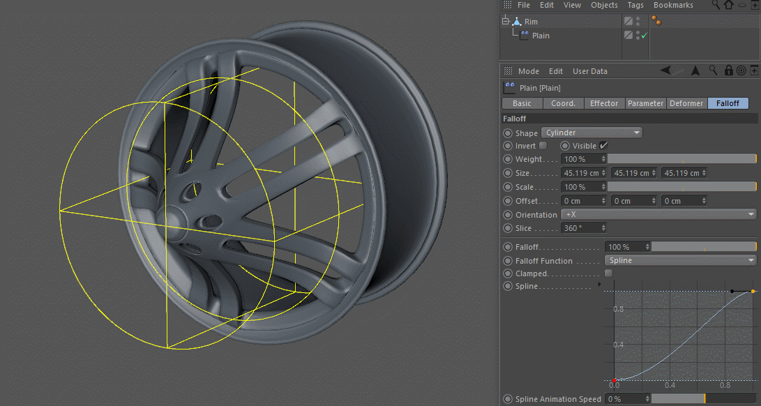 Modeling Tips in Cinema 4D - falloff modeling Plain Effector spline.gif